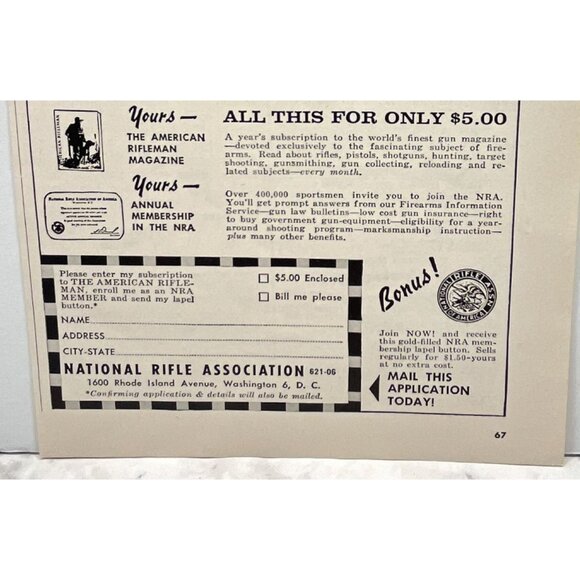 NRA National Rifle Assoc Print Ad Vintage 1962 Membership Mail In - Picture 5 of 5